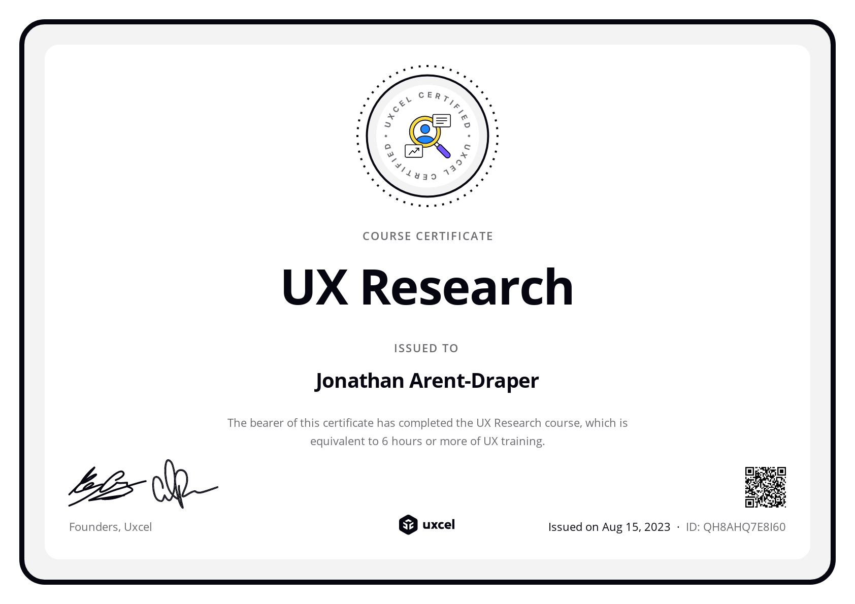 Jonathan Arent-Draper's certificate
